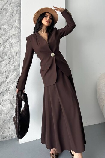AKD Atelier Women's Two-Piece Suit Stylish Button Detail Stand Collar Blazer Jacket Long Bell Skirt Set