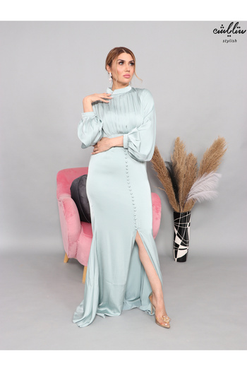 Stylish Turquoise satin high neck bodycon dress