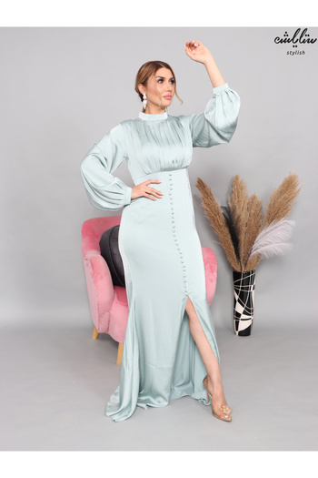 Stylish Turquoise satin high neck bodycon dress