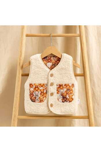 MİLAYS LİFE HOME COLLECTİON Unisex Welsoft Lamb Fleece Lining with Pockets and Bear Printed Soft Vest for 1-4 Years Old