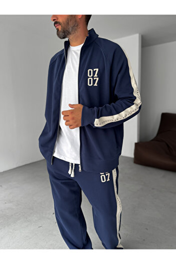 BYBASICMAN Navy Blue 0707 Printed Zippered Sweatshirt Res-1006