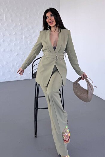 spirituel Kadın İkili Alt Üst Takım Kemerli Blazer Ceket Bol Paça Pantolon Takım