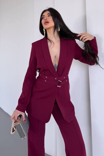 spirituel Women's Two-Piece Bottom Top Set Belted Blazer Jacket Wide Leg Pants Set