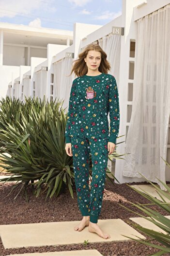 Aydoğan Lodos Store Women's Long Sleeve Cotton Ribbed Pajama Set Christmas New Year Patterned