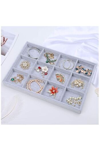 Bonjour Stackable 12 Grid Grey Velvet Jewelry Tray Showcase Removable Display Storage Box for Girls Women