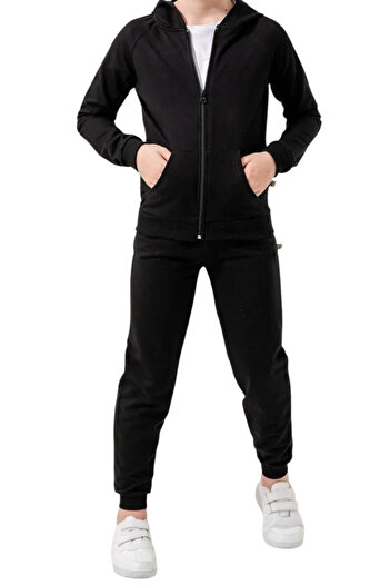 İrem Çocuk Giyim Boy/Girl's Plain Black Color Zipper Closure Tracksuit Set