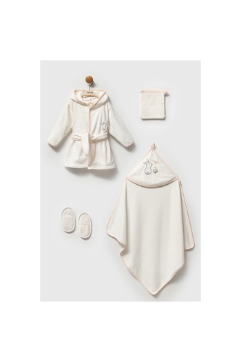 MİLAYS LİFE HOME COLLECTİON 4-Piece Premium Bathrobe Set Made of Organic Cotton with Noi Noi Rabbit Embroidery for Baby Girls Age 0-12 Months
