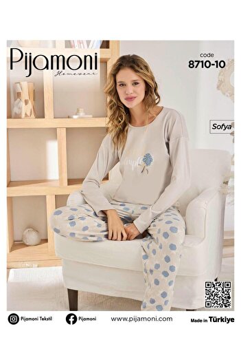 Pijamoni Gri Renkli Sofya Kumaş Sıfır Yaka Uzun Kollu Kadın Pijama Takımı