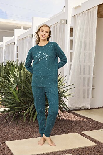 Aydoğan Lodos Store Women's Long Sleeve Cotton Ribbed Pajama Set Star Pattern Petrol Green