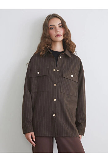 LC Waikiki Lcw Modest Beige Striped Oversize Women's Shirt Tunic