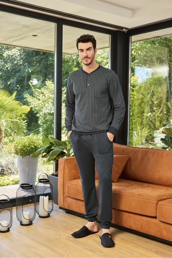 Aydoğan Lodos Store Men's Wide-Cut Long-Sleeved Two-Thread Cotton Pajama Set Striped Smoked