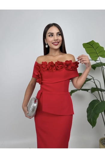 Afiş Butik Red Off-Shoulder Floral Detailed Slit Long Dress