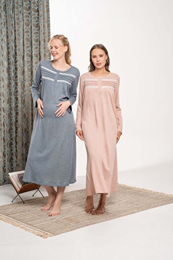 Lohussa Women's Navy Blue Melange Lace Detailed Buttoned Winter Plus Size (Oversized) Long Sleeve Full Length Nightgown