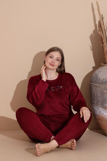 BOYRAZ Women's Winter French Velvet Plus Size Crew Neck Long Sleeve Pajama Set 03148 - 1 Piece