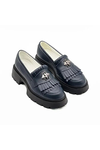 Piello Women's loafers, genuine leather, with fringes and metal accessory, Navy blue