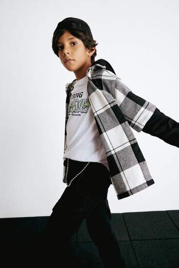 DeFacto Boy's Oversize Loose Fit Hooded Plaid Pattern Flannel Long Sleeve Shirt F1449A825Wn