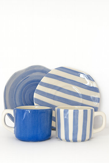 Hausette 2-Piece Thick Line Patterned Seamik Turkish Coffee Set, Mug, Turkish Coffee Cup, Cup, Mug