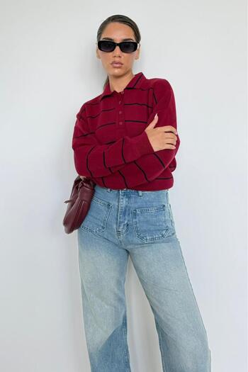 Madmext Burgundy Striped Polo Neck Women's Knitwear Sweater Mg2470