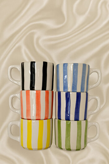 Hausette 6-Piece Thick Striped Ceramic Turkish Coffee Set, Mug, Turkish Coffee Cup, Cup, Mug