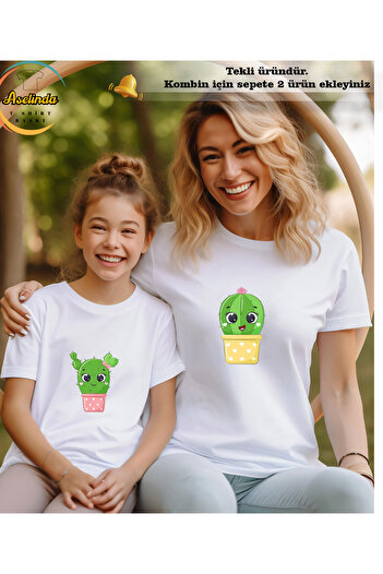 ASELİNDA Cactus Printed T-Shirt Mother-Daughter Matching T-Shirt (Add 2 Items to Make a Matching Set)
