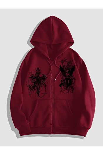 Touz Moda Gothic Design Oversize Fermuarlı Siyah Unisex Kapüşonlu Hırka