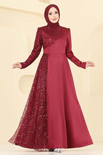 ModaMerve Beaded Detail Satin Evening Dress 2818Elc1143-Ms Burgundy