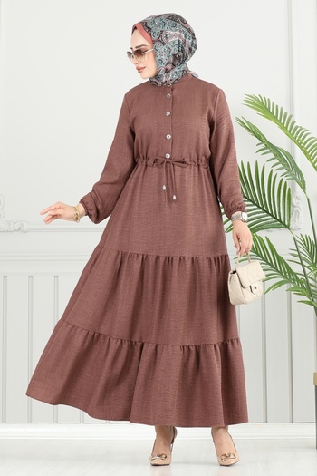 ModaMerve Half Button Dress 024Mr1078-Ms Brown