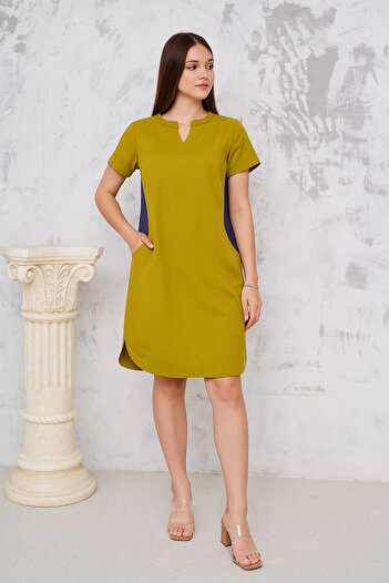 RİGALA Oil Green Similar Color Collar Decorated Pocket Short Dress