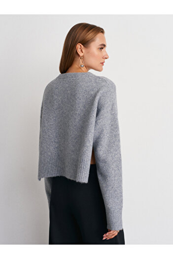 Dilvin 60280 Stand-Up Collar Buttoned Soft Textured Slit Knit Cardigan-Dark Gray Mel.