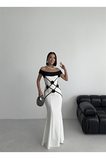 ALFUDO Moda Collection Eliza Çiçekli Abiye Beyaz Elbise