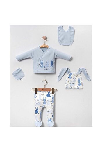 Miniworld - 5-Piece Baby Boys' Outfit, Cotton, Rabbits, Age 0-3 Months, 62 cm, Blue