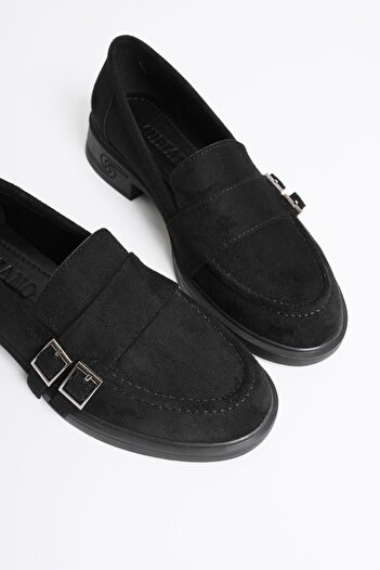 Mubiano Women's Suede Loafer Platinum Buckle Black Viva