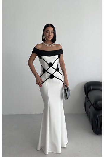 ALFUDO Moda Collection Eliza Çiçekli Abiye Beyaz Elbise