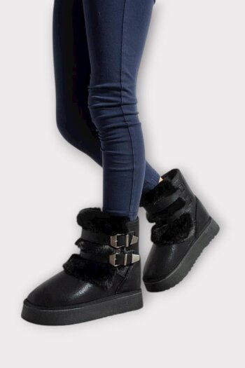 Liger Girls' Boots with Fur Inside, Double Belt, Thick Sole Black