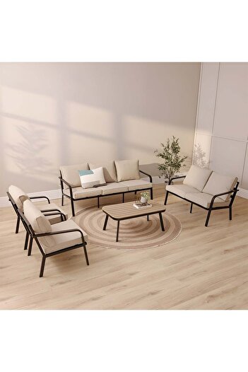 Danube Home Ivory 7-Seater Outdoor Sofa Set | Aluminium Frame Garden Furniture & Patio Seating - Khaki/Black