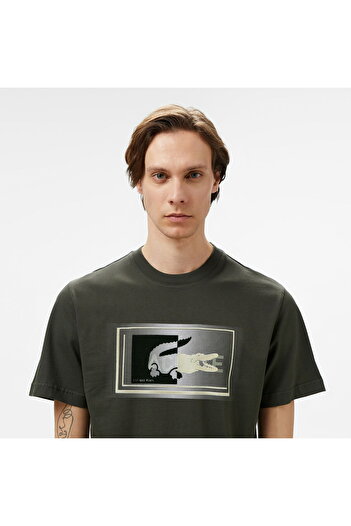Lacoste Men's Regular Fit Crew Neck Printed Khaki T-Shirt