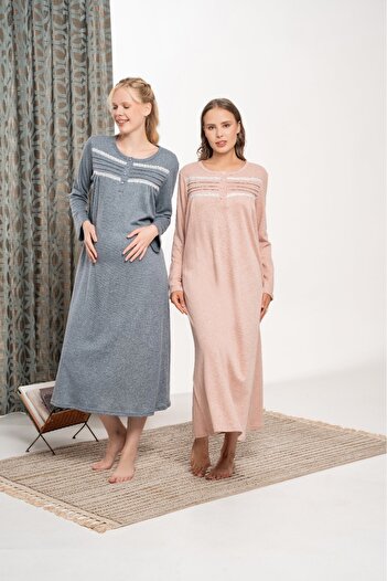 Lohusa Homewear Women's Salmon Melange Lace Detailed Winter Plus Size (Oversized) Full Length Nightgown