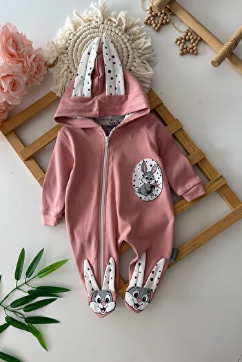 Minigimin Cicileri My Little One's Cicileri Rabbit Detailed Unisex Baby Combed Cotton Jumpsuit - Pink