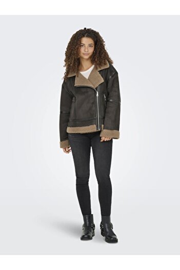 ONLY ONLKENDRA LIFE BOND OVERSIZJACKET Μπουφάν Oversize Bonded από συνθετικό δέρμα σουέτ με γιακά και επένδυση από γούνα