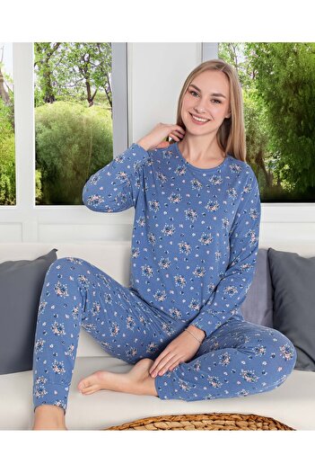 Aydoğan Blue Pink Floral Patterned Napoli Pajama Set Long Sleeve