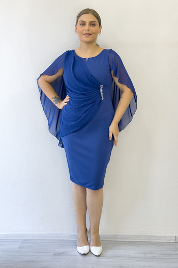 the ZKS Women's Plus Size Midi Length Chiffon Cape Evening Dress Navy Blue, Burgundy, Saks, Black