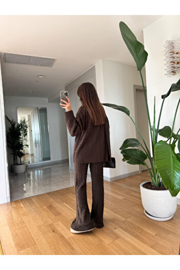 MODAMERSİ Women's Brown Hair Braided Scarf Sweater Pants Three-Piece Knitwear Set