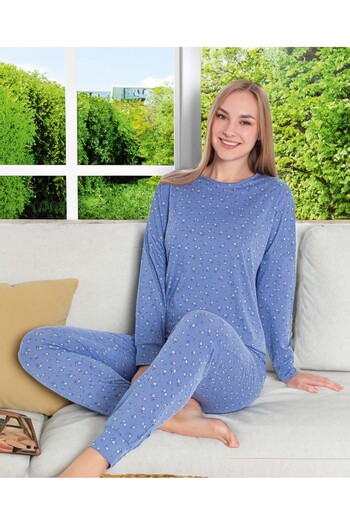 Aydoğan Pure Series Blue Floral Naples Pajama Set Long Sleeve