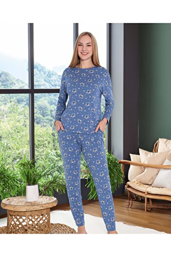 Aydoğan Blue Pink Floral Patterned Napoli Pajama Set Long Sleeve