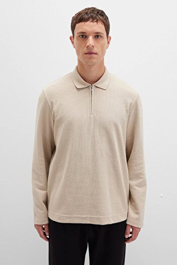 Mavi Men's Half-Zip Long Sleeve Beige T-Shirt 0613045-70039