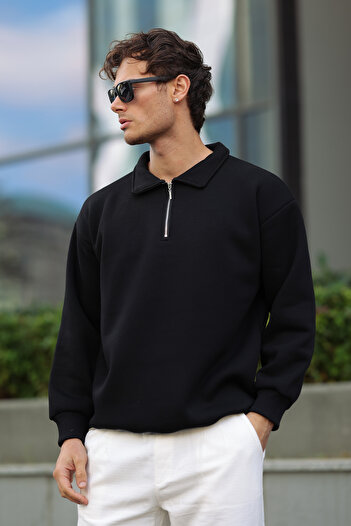 aziso Men's Polo Neck Soft Inside Half Zipper Loose Fit Sweatshirt