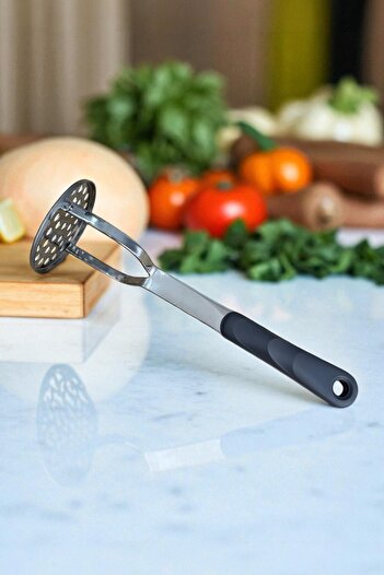 safestore 28 cm Quality Luxury Stainless Metal Potato Masher Puree Maker with Gray Plastic Handle