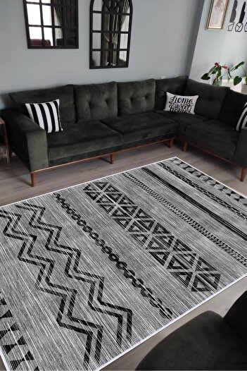 VOPTEKS Gri Siyah Halı Salon Halısı Makinede Yıkanabilir Halı Kaymaz Taban Halı