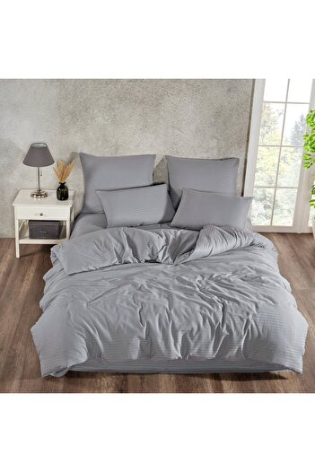 Caressa Lenjerie de pat bumbac, Caressa, 2 persoane, antracit, set 4 piese