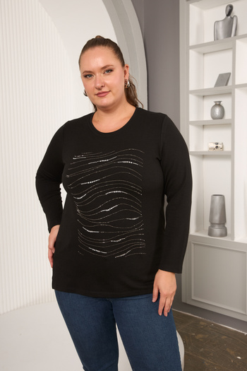 RMG Plus Size Black Glitter Detailed Wavy Patterned Long Sleeve Blouse